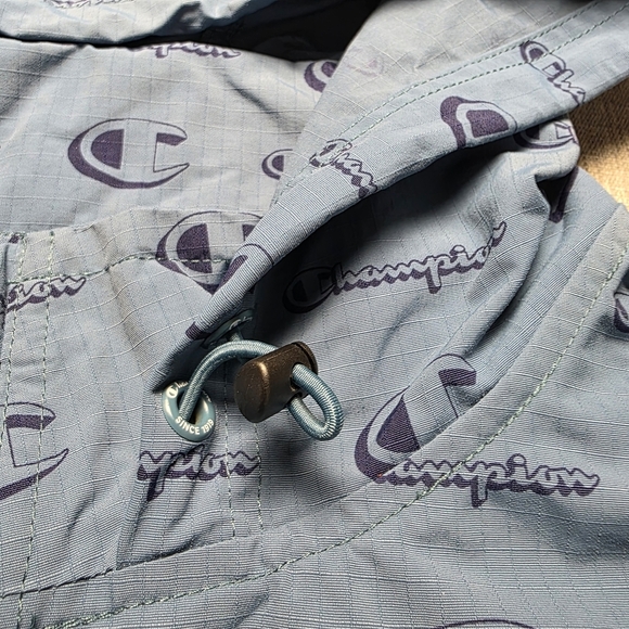Champion All-Over Logo Print Blue Anorak Windbreaker Jacket Size Men's Large - Picture 5 of 11